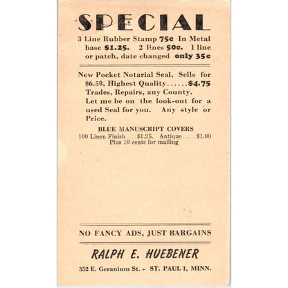 1944 Advertising Postcard Ralph E. Huebener Printing Supplies St. Paul MN EA3