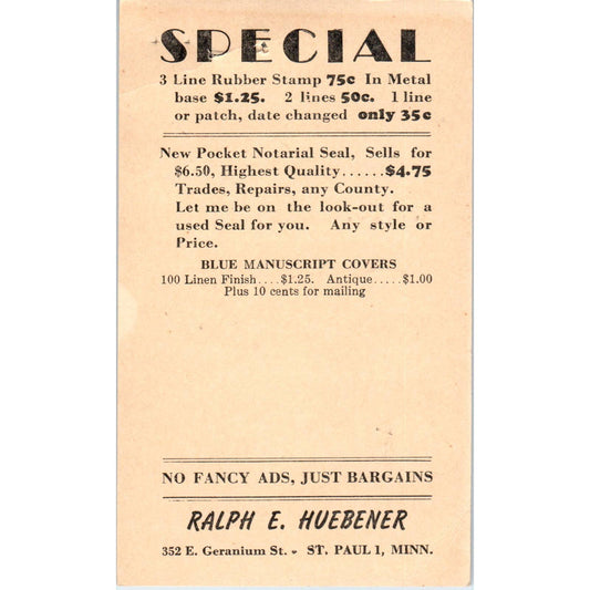 1944 Advertising Postcard Ralph E. Huebener Printing Supplies St. Paul MN EA3