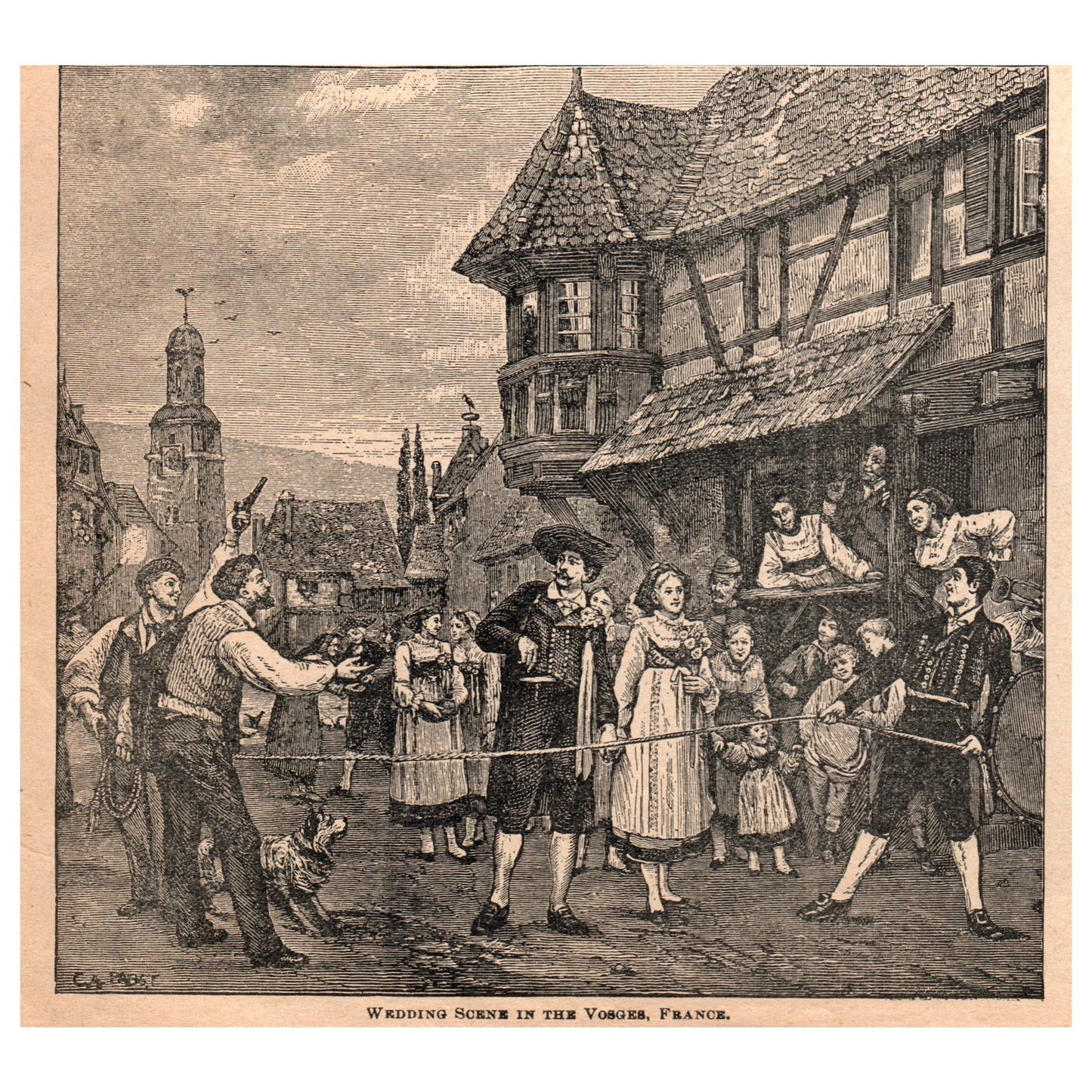 Wedding Scene in Vosges France 6x6" Original Engraving 1899 AK5-18