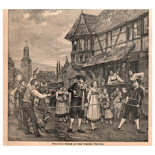 Wedding Scene in Vosges France 6x6" Original Engraving 1899 AK5-18