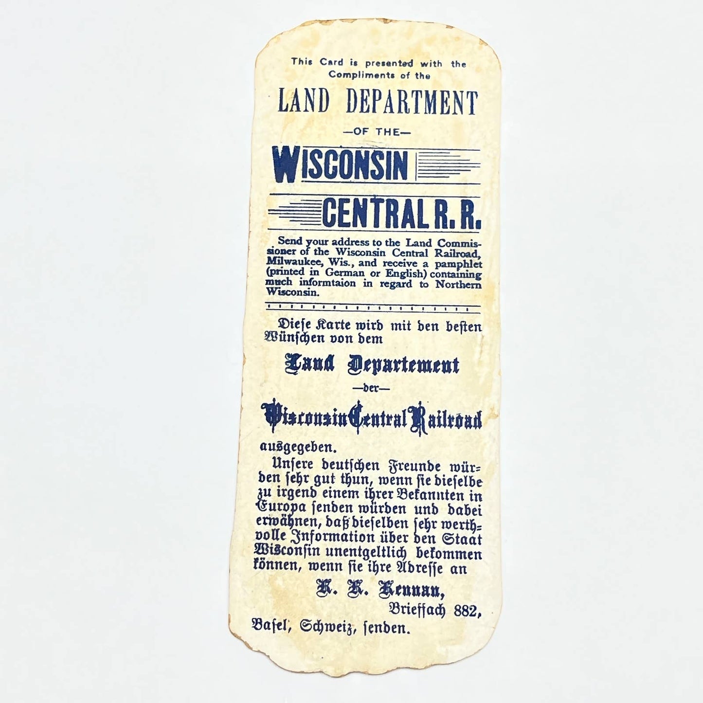 c1900 Victorian Trade Card Bookmark Wisconsin Central RR Land Dept Log Cabin AC2