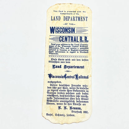 c1900 Victorian Trade Card Bookmark Wisconsin Central RR Land Dept Log Cabin AC2