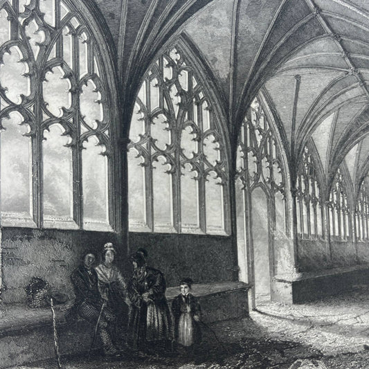 1842 Original Art Engraving Hereford Cathedral View of the Cloisters AC6