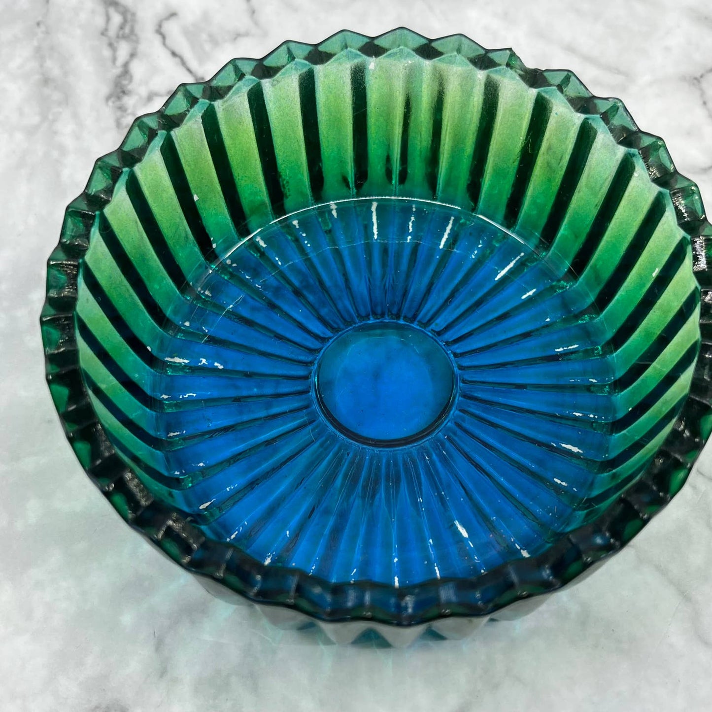 1950s Jeanette Blue Green Ombre Glass Swan Covered Powder Jar Dish TD6