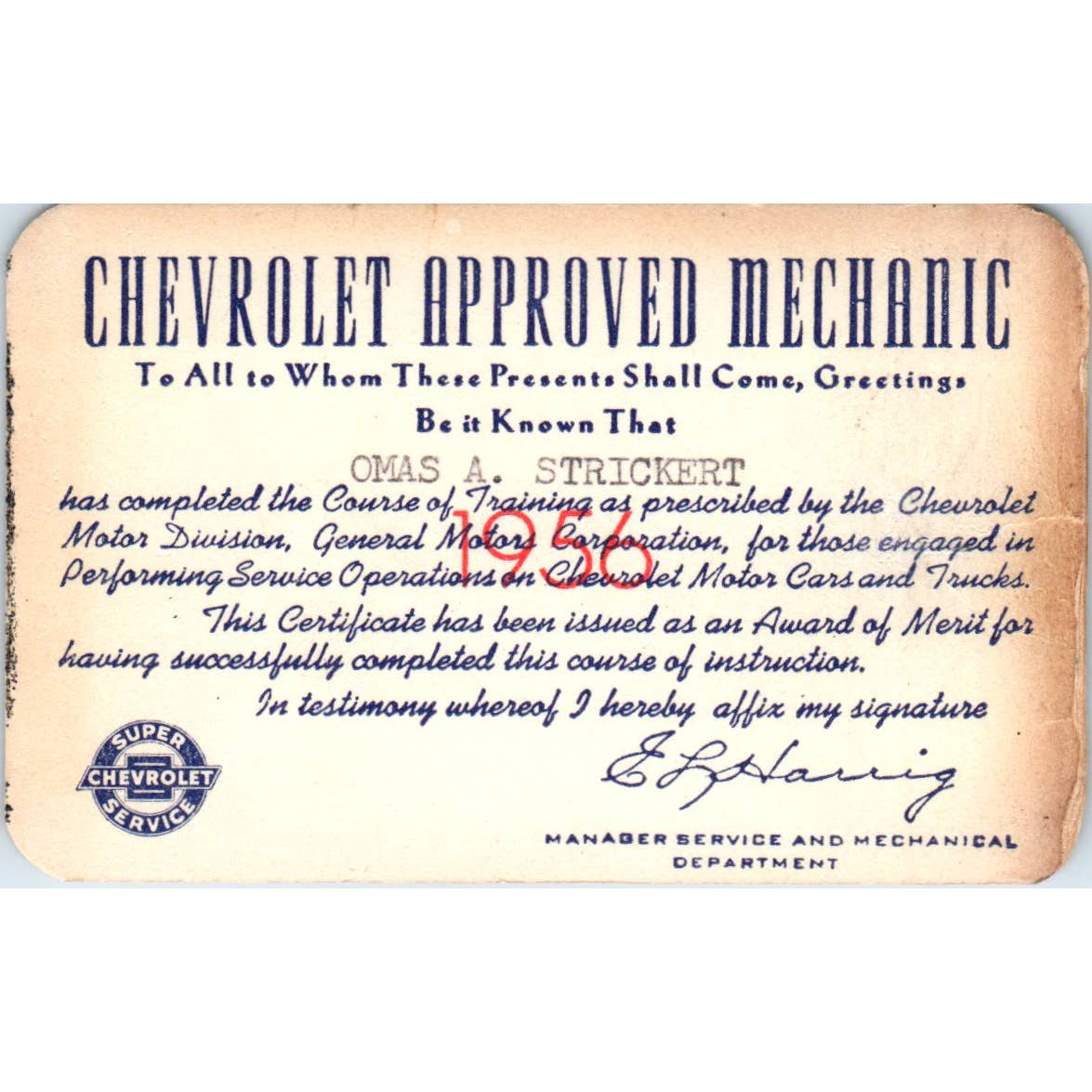 1956 Chevrolet Approved Mechanic Card - Omas A. Strickert Liberal Kansas SE4