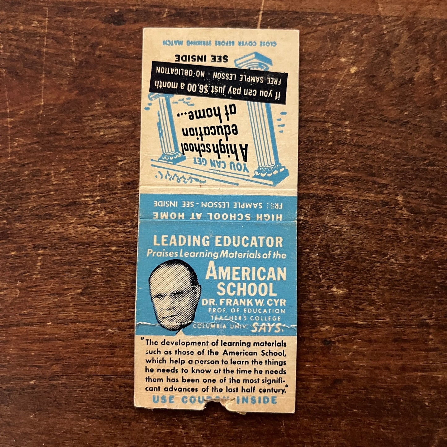 High School Education at Home Frank W. Cyr Advertising Matchbook Cover MM11-8
