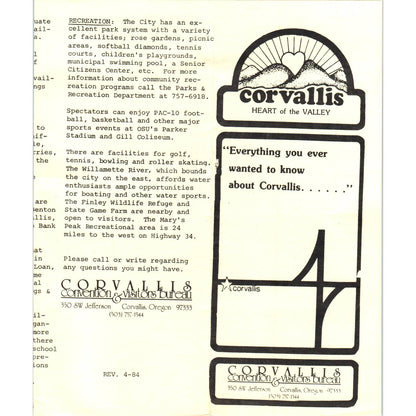 1980s Corvallis Oregon Information for New Residents Fold Out Brochure SF3