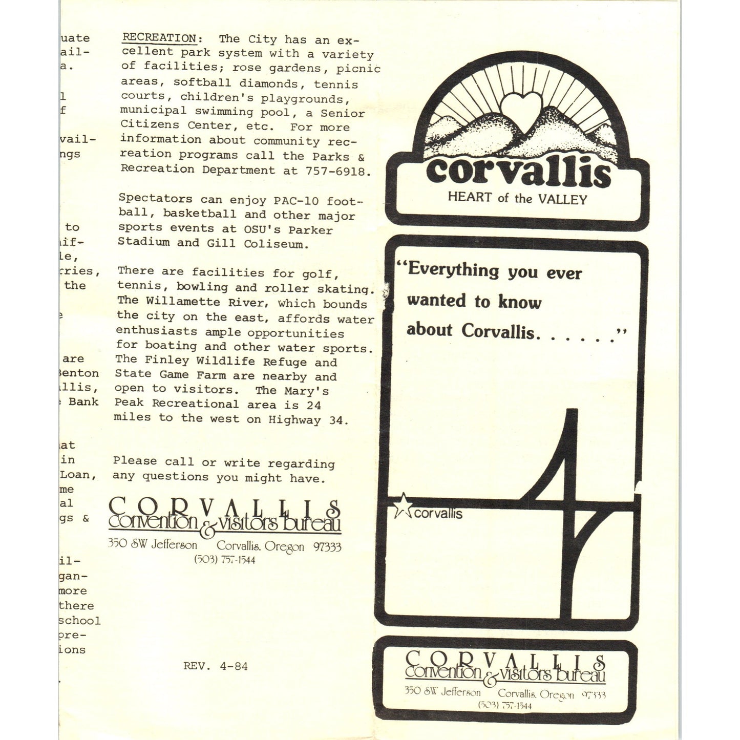 1980s Corvallis Oregon Information for New Residents Fold Out Brochure TH2-SF2