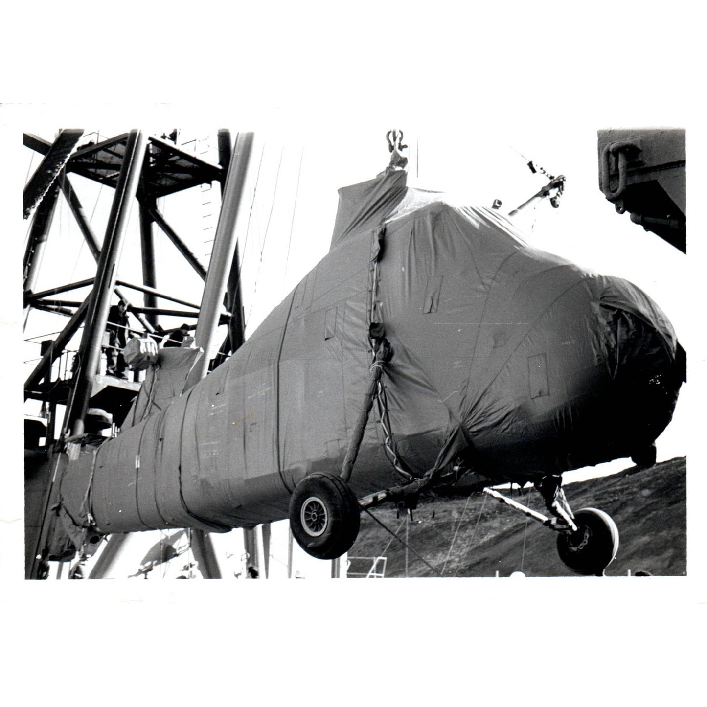 c1970 Original Photograph Lowering Wrapped Helicopter on Ship 5x7" AD6-1