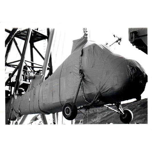 c1970 Original Photograph Lowering Wrapped Helicopter on Ship 5x7" AD6-1
