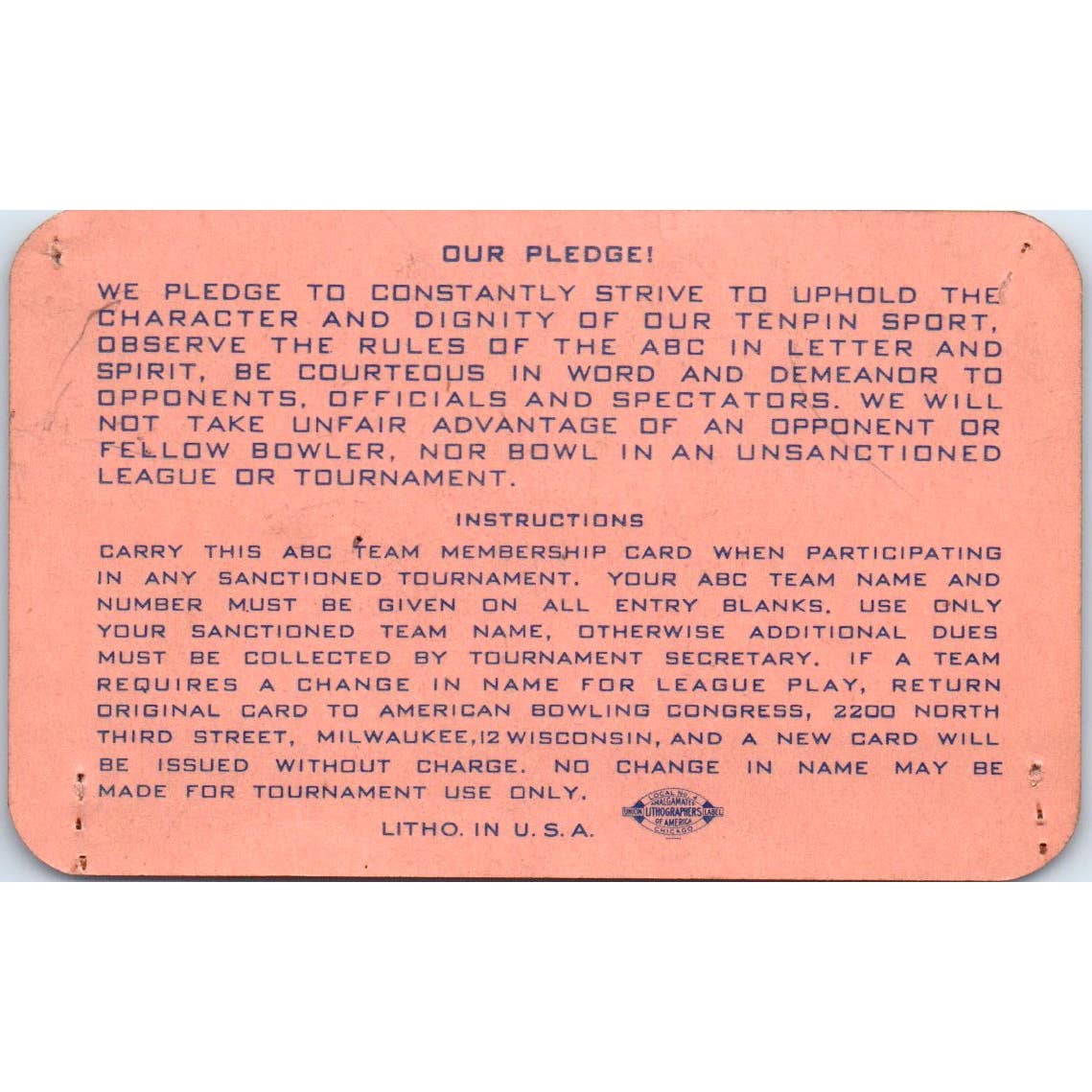 1948 American Bowling Congress Milwaukee Membership Card Eagles 800 SE5-12