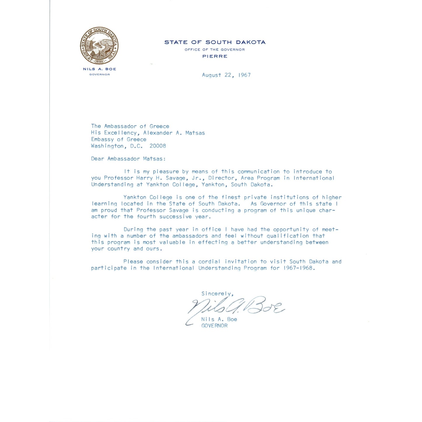 Official South Dakota Governor Letterhead Signed Nils A. Boe 1967 B15