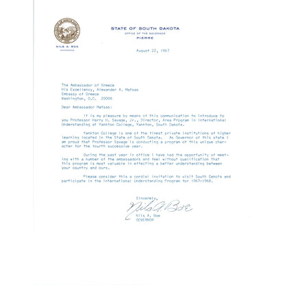 Official South Dakota Governor Letterhead Signed Nils A. Boe 1967 B15