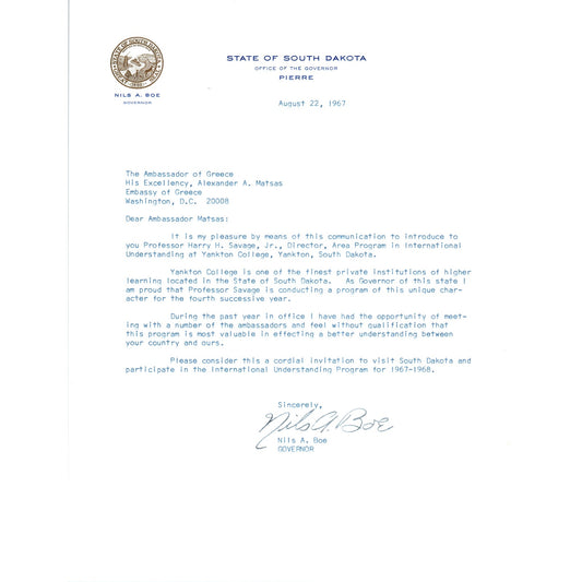 Official South Dakota Governor Letterhead Signed Nils A. Boe 1967 B15