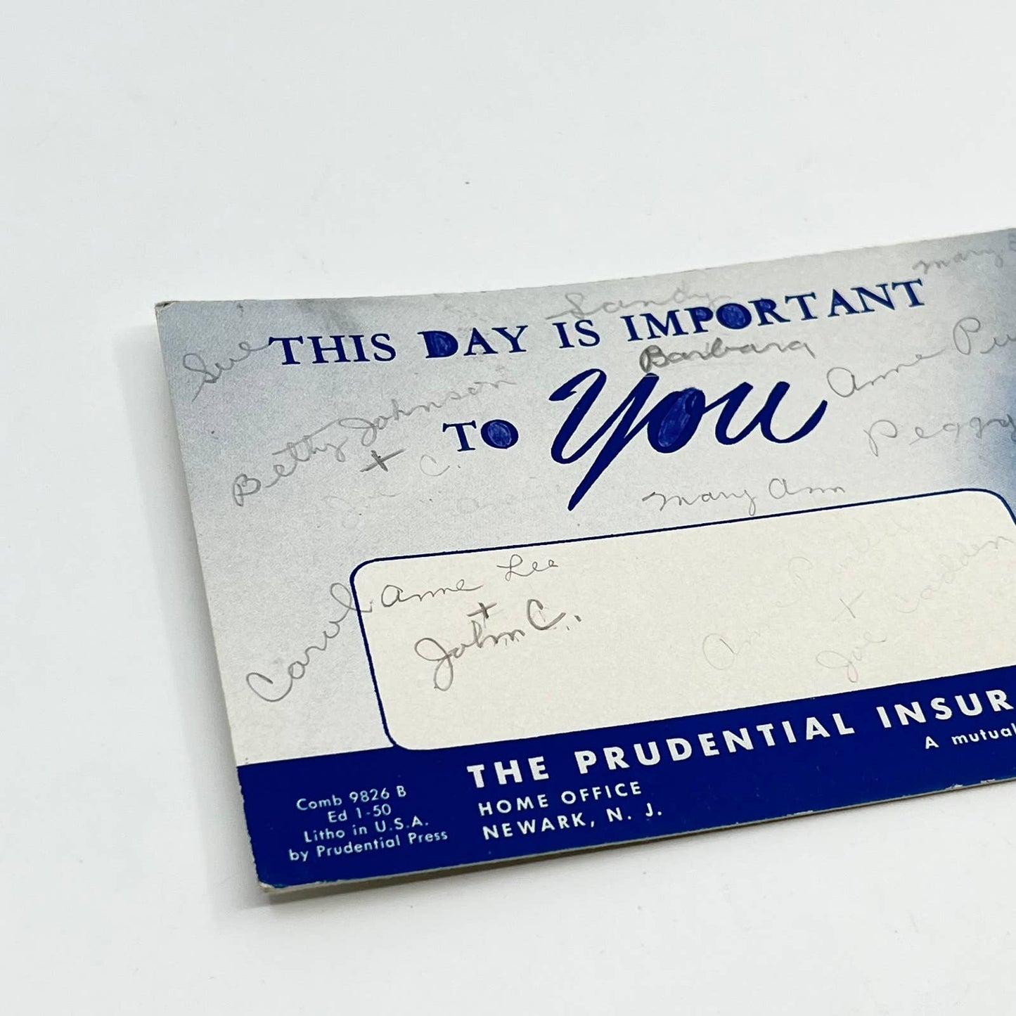 1950 Blotter Card Prudential Insurance Company Newark NJ SC6