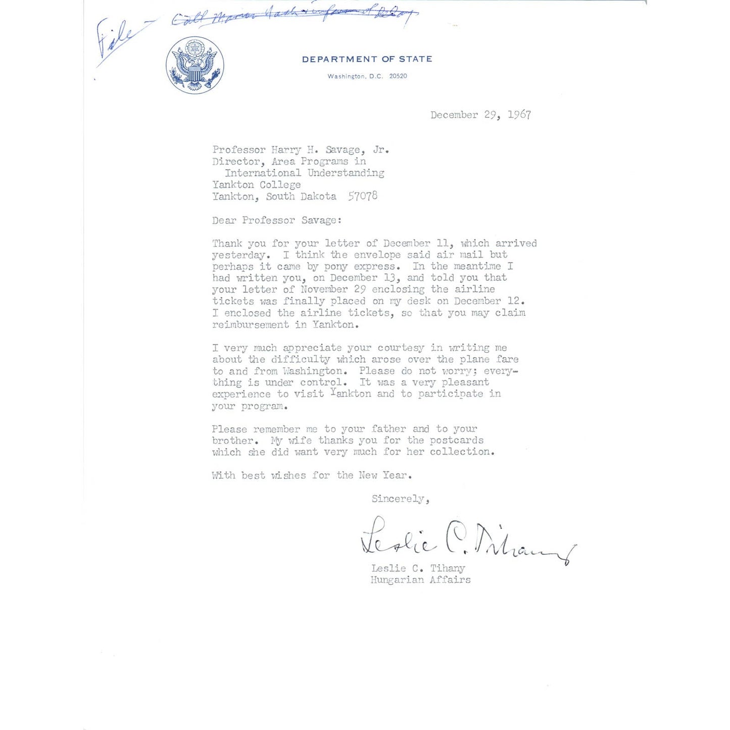 Official US Department of State Letterhead Memo Leslie C. Tihany 12/29/67 TK1-P7