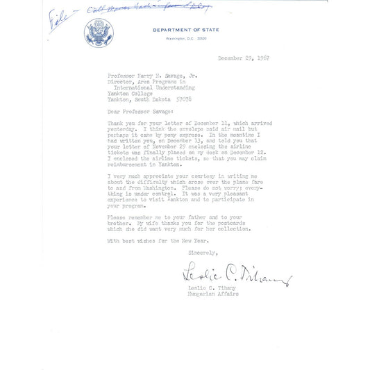 Official US Department of State Letterhead Memo Leslie C. Tihany 12/29/67 TK1-P7