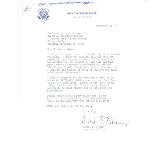 Official US Department of State Letterhead Memo Leslie C. Tihany 12/29/67 B16