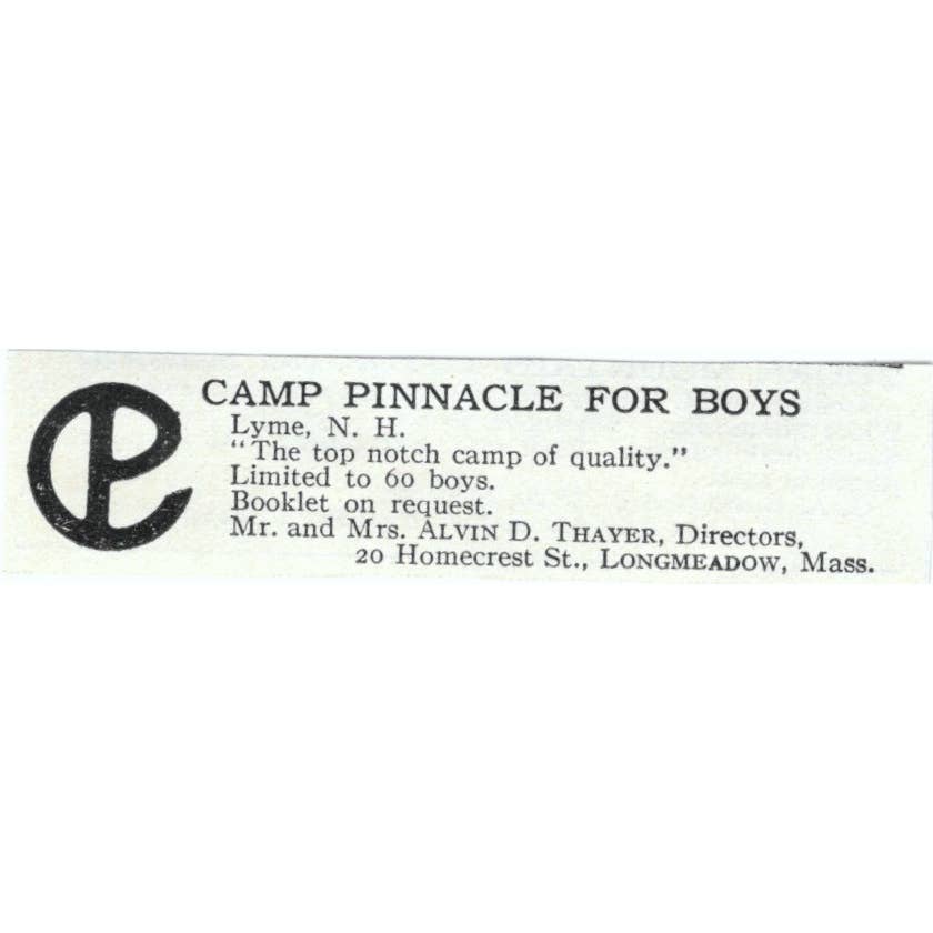 Camp Pinnacle for Boys Lyme NH Alvin D. Thayer - 1921 Original Ad TJ7-S6
