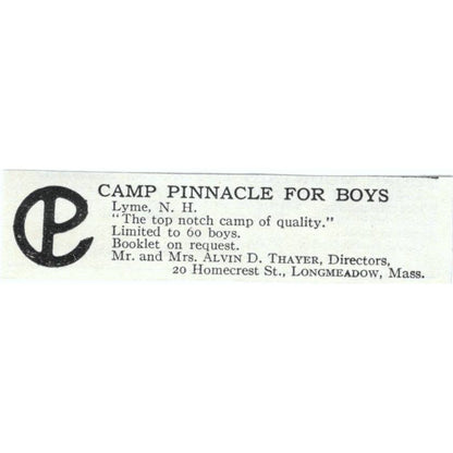 Camp Pinnacle for Boys Lyme NH Alvin D. Thayer - 1921 Original Ad TJ7-S6