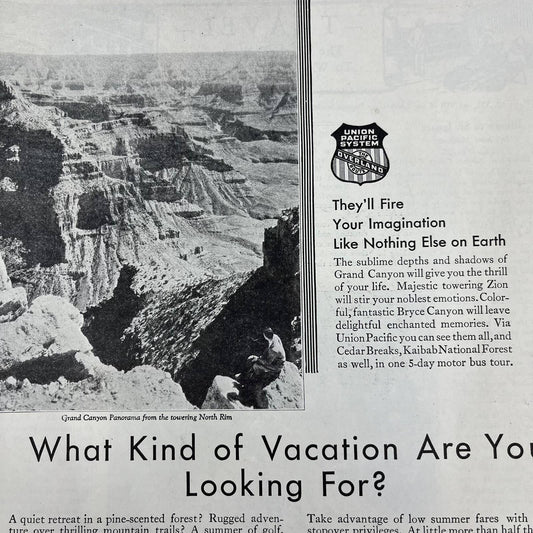 1931 Union Pacific Railroad Travel Vacation Full Page Ad Grand Canyon FL5-1