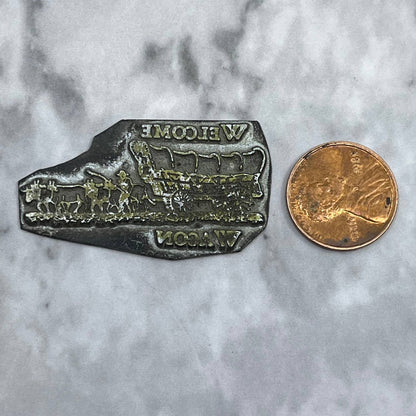 Vintage Letterpress Printers Block Plate Welcome Wagon Covered Wagon SE832