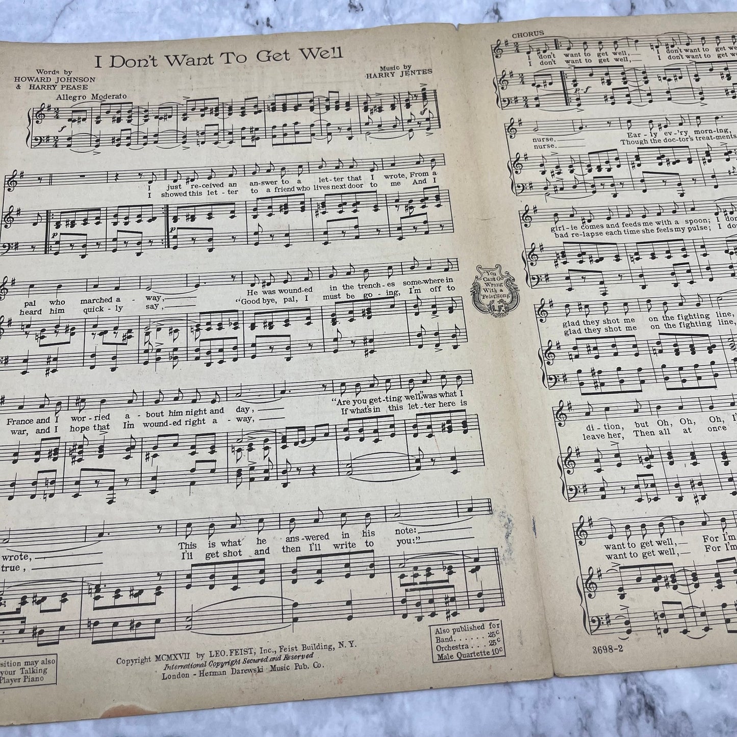I DON'T WANT TO GET WELL Harry Jentes 1917 WWI vtg sheet music Pease V41-2