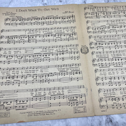 I DON'T WANT TO GET WELL Harry Jentes 1917 WWI vtg sheet music Pease V41-2