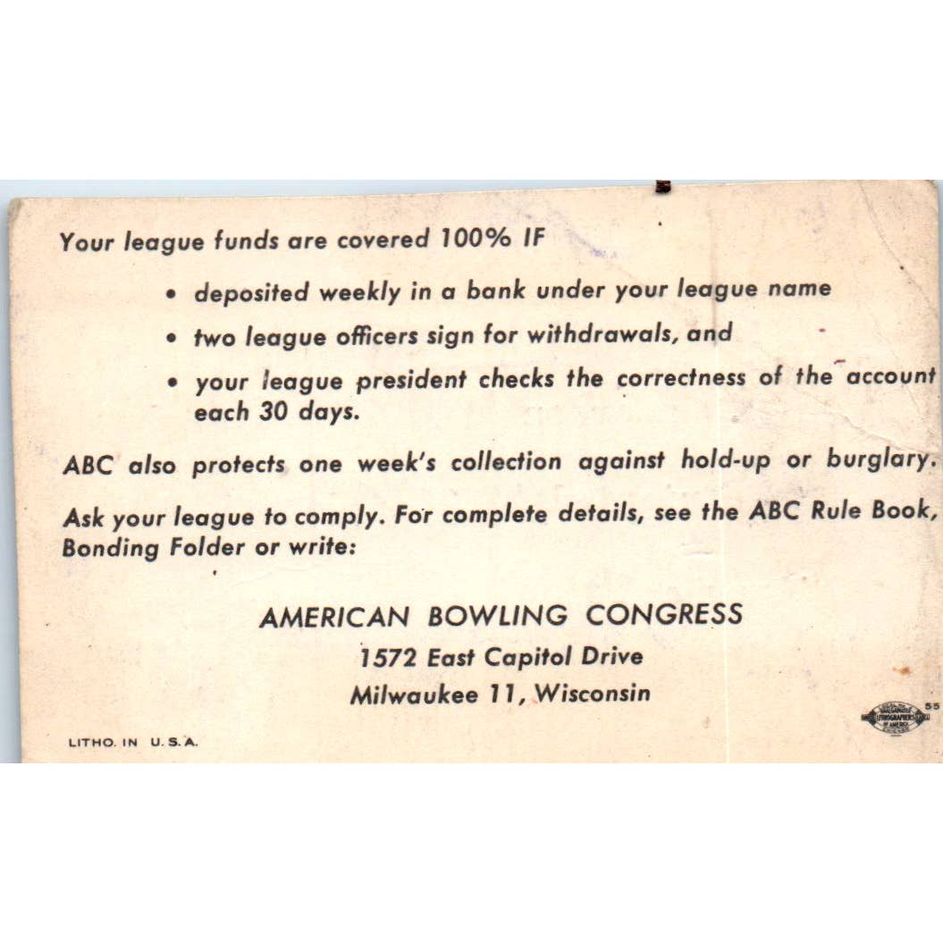 1958 American Bowling Congress Milwaukee Membership Card Oriental 850 SE5-55