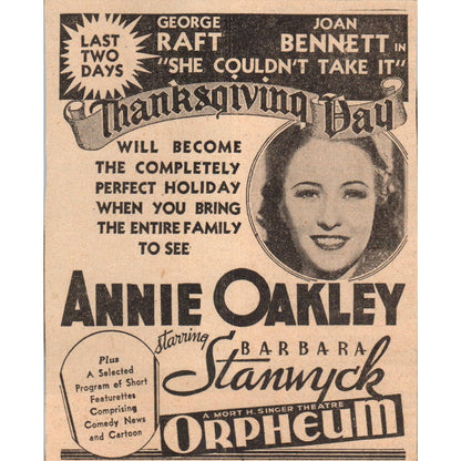 1935 Minneapolis Journal Newspaper Ad Annie Oakley at the Orpheum Theatre FL5-6