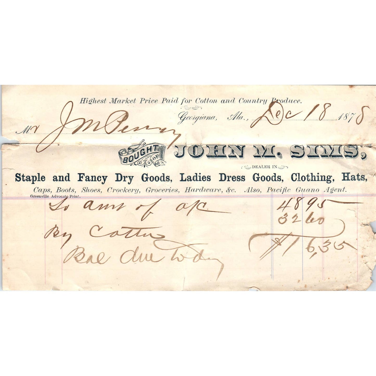 1878 Letterhead Billhead John M. Sims Dry Goods Georgiana AL AD6-6