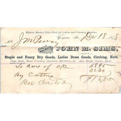 1878 Letterhead Billhead John M. Sims Dry Goods Georgiana AL AD6-6