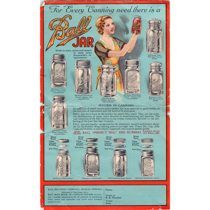 c1920 ORIGINAL Ball Jar Advertisement & Instructions Leaflet Canning AD6