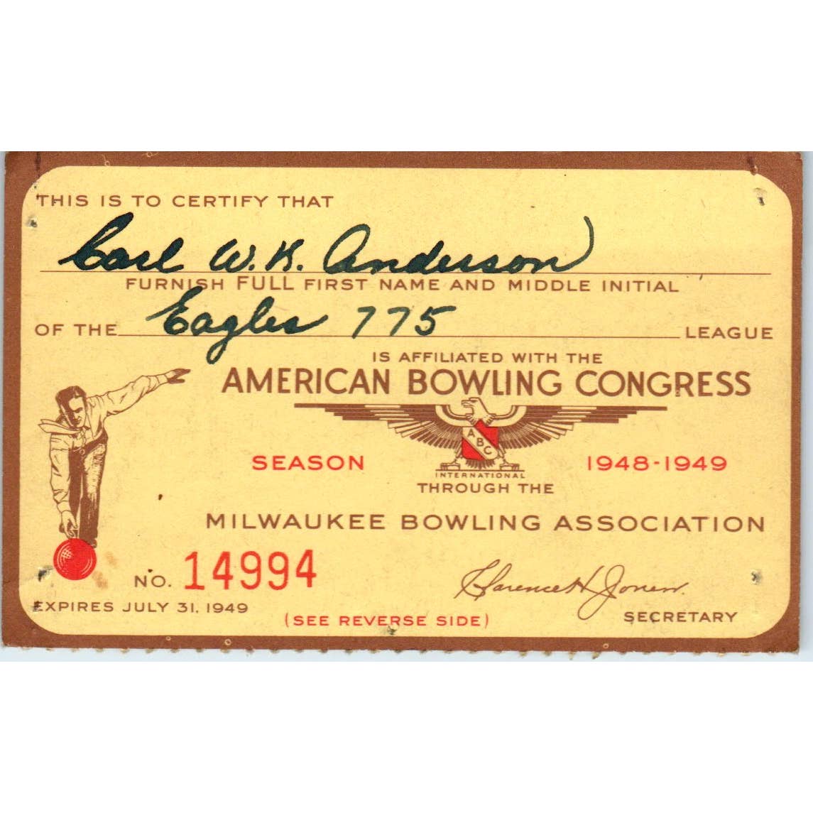 1948 American Bowling Congress Milwaukee Membership Card Eagles 775 SE5-5