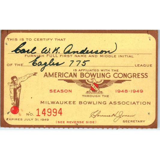 1948 American Bowling Congress Milwaukee Membership Card Eagles 775 SE5-5