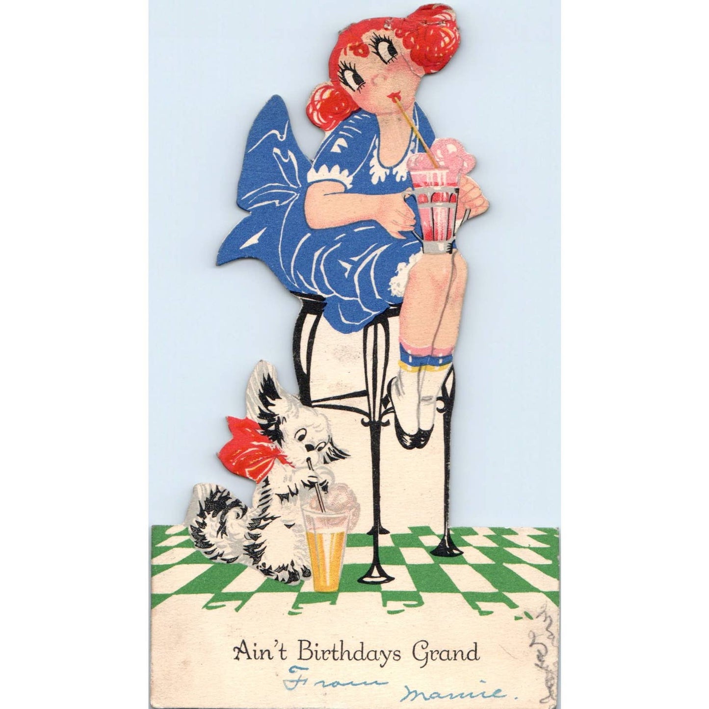 Die Cut Birthday Card Cuddle Me Ruth Newton Red Haired Girl Soda Fountain TJ7RP1