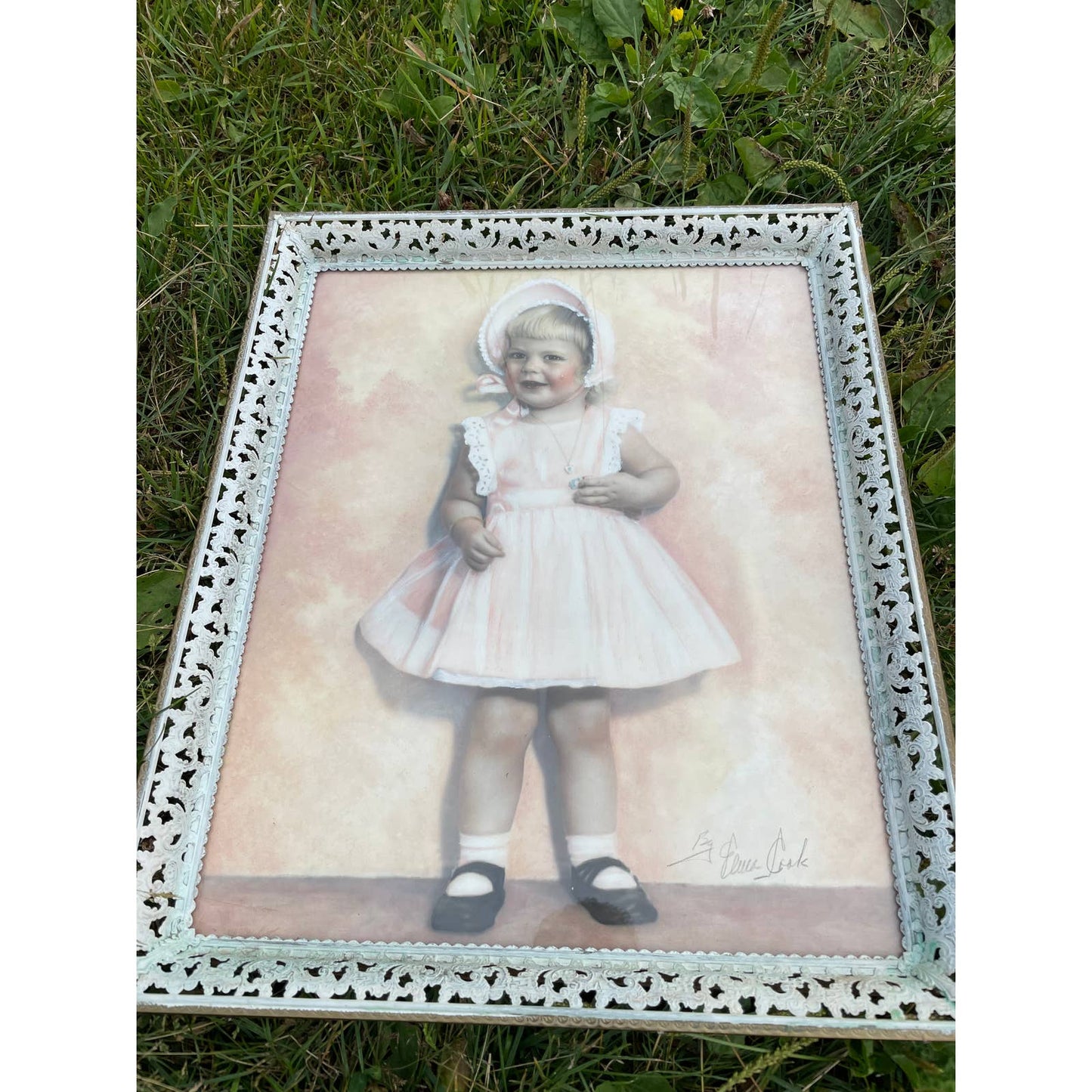 Vintage Framed Original Signed Portrait of Little Girl by Eliva Cook