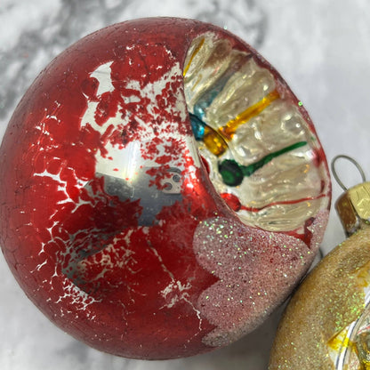 Vintage Lot of 2 Recessed Mercury Glass Ornaments Red Gold Mica OT1