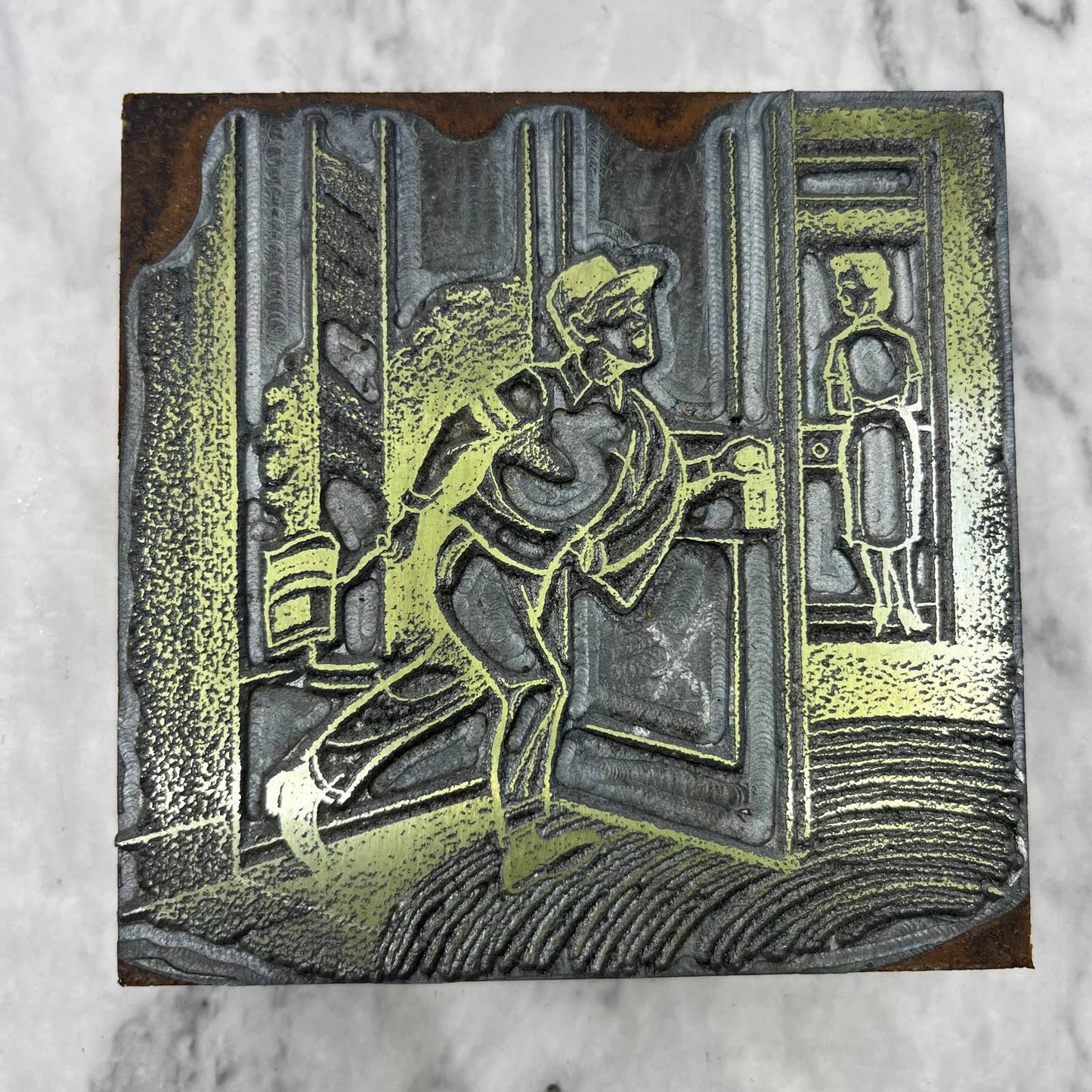 Vintage Printers Block Plate Cartoon of Man Coming Home From Work TJ52