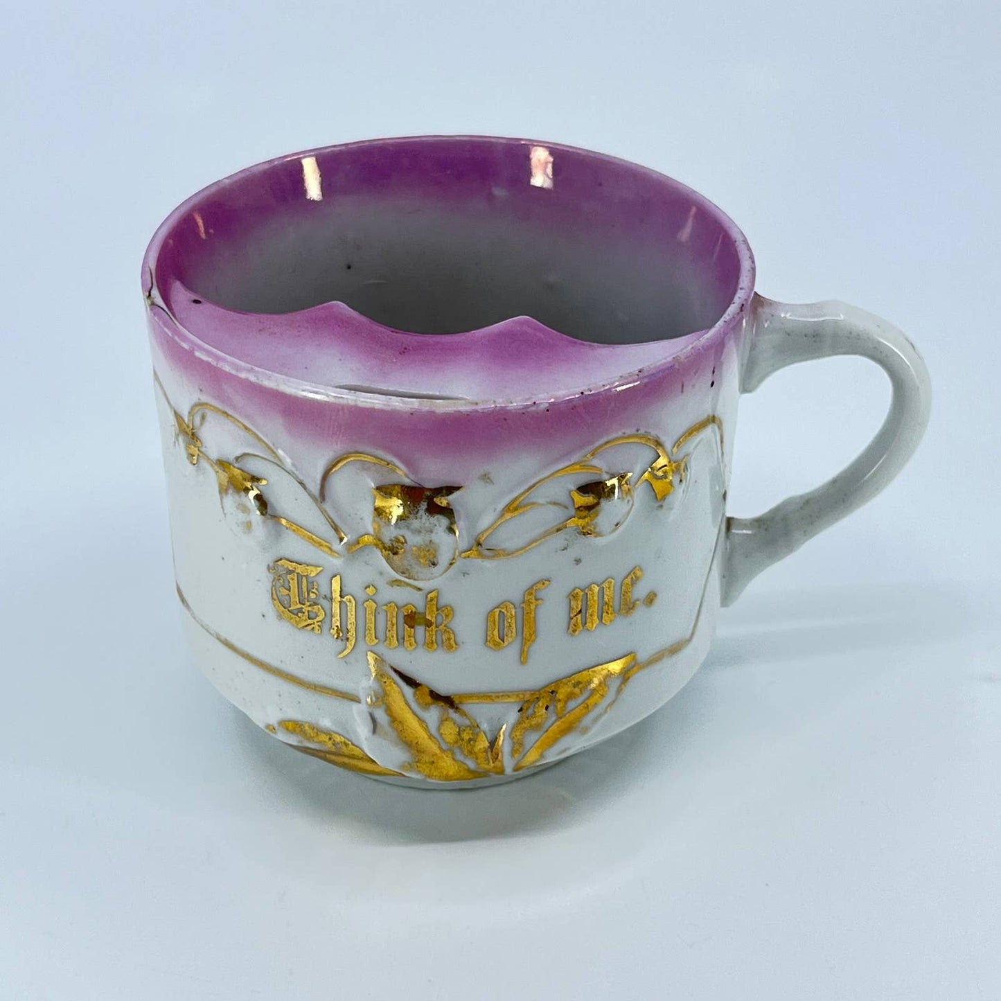 1880s German Porcelain Lustreware THINK OF ME Remembrance Tea Mustache Cup TE3