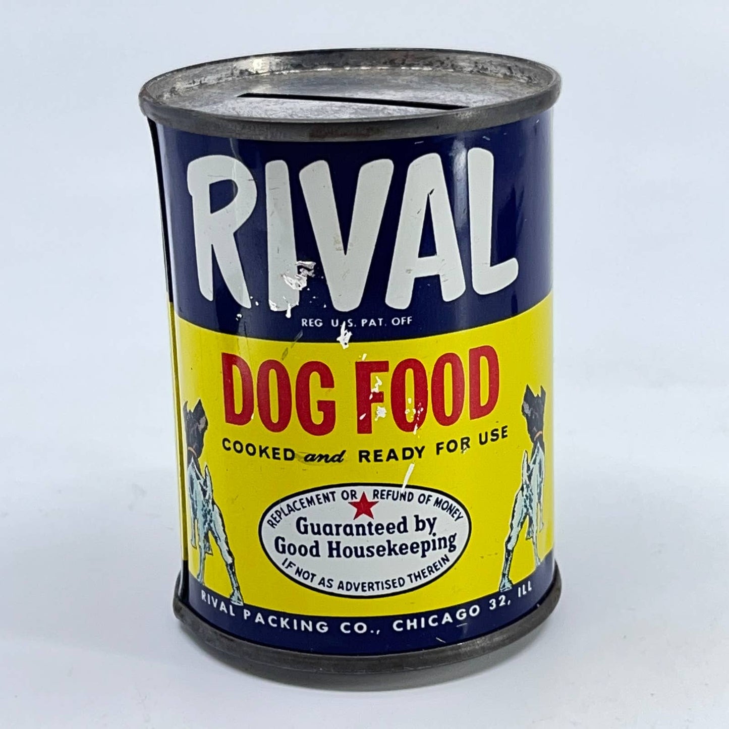 1950s Advertising Premium Rival Dog Food Metal Tin Litho Coin Bank TE3