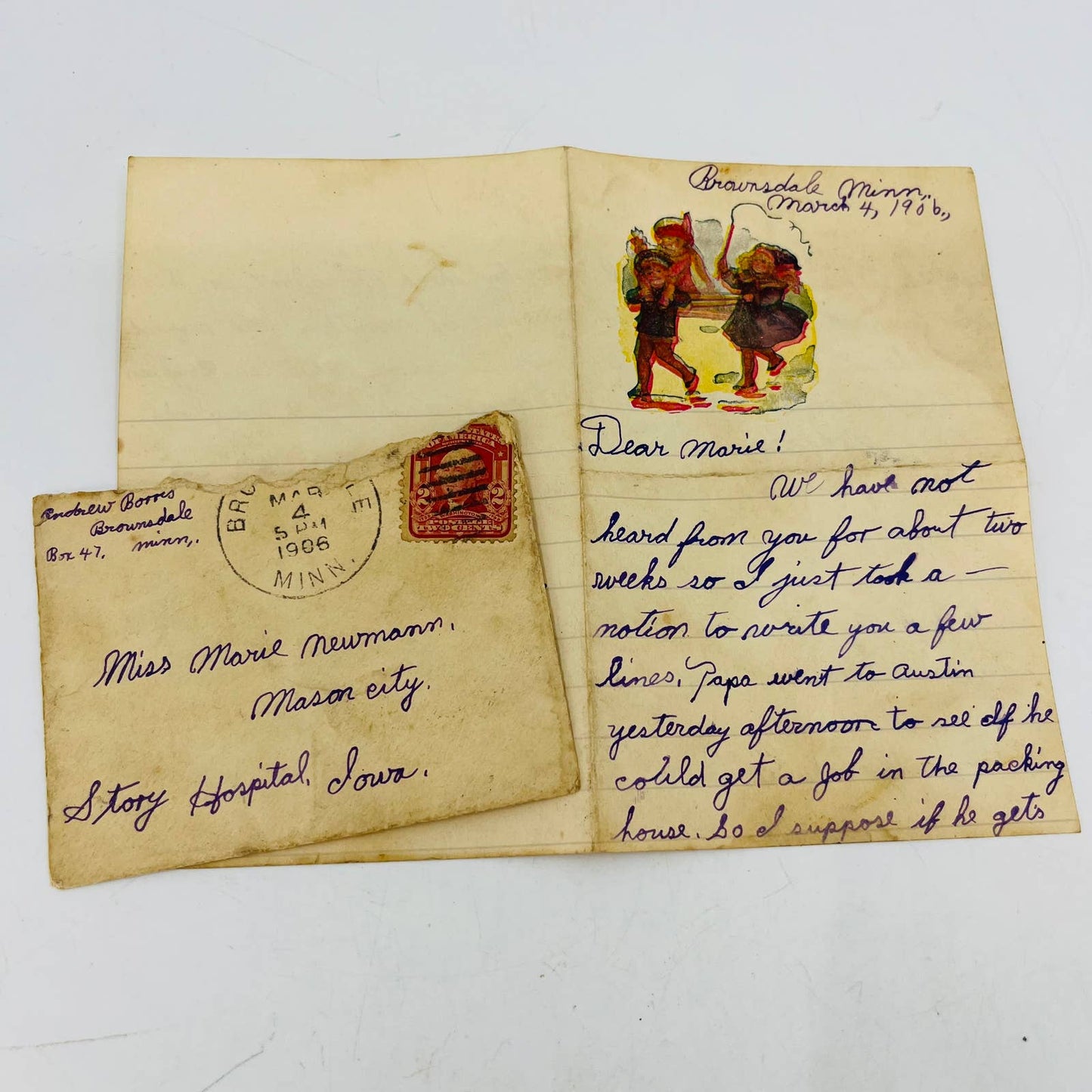 Antique 1906 Letter & Envelope Between Brownsdale MN and Mason City Iowa C5