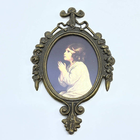 Vtg Baroque Victorian Brass Girl Praying Picture Frame Ornate Italy 6” TF5