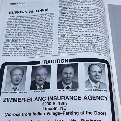 1985 Nebraska Cornhuskers vs. New Mexico Gameday Football Program TH6