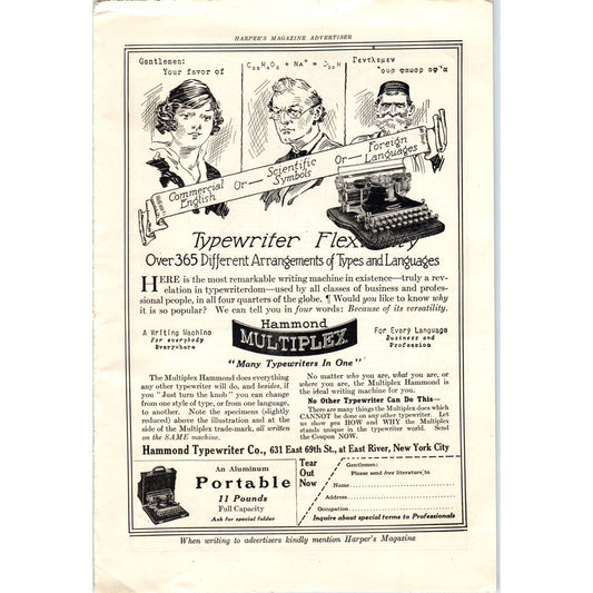 c1920 Harper's Magazine Ad - Hammond Multiplex Portable Typewriter TF6-1