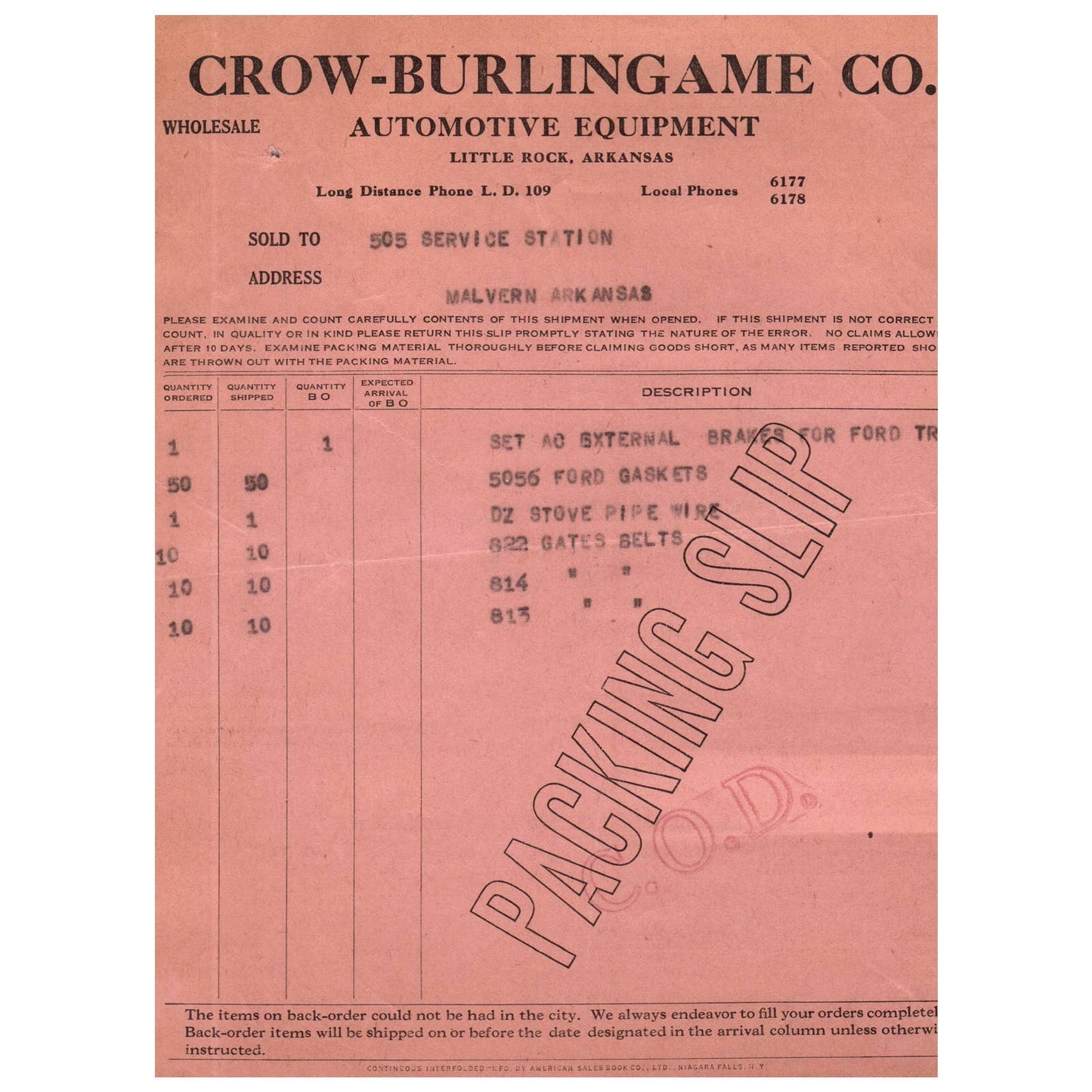 1929 Wholesale CROW-BURLINGAME Automotive Equipment Order Form Little Rock AC9