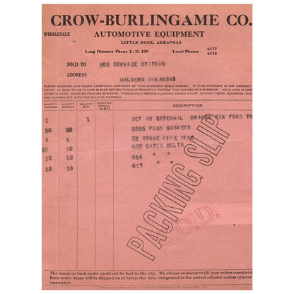 1929 Wholesale CROW-BURLINGAME Automotive Equipment Order Form Little Rock AC9