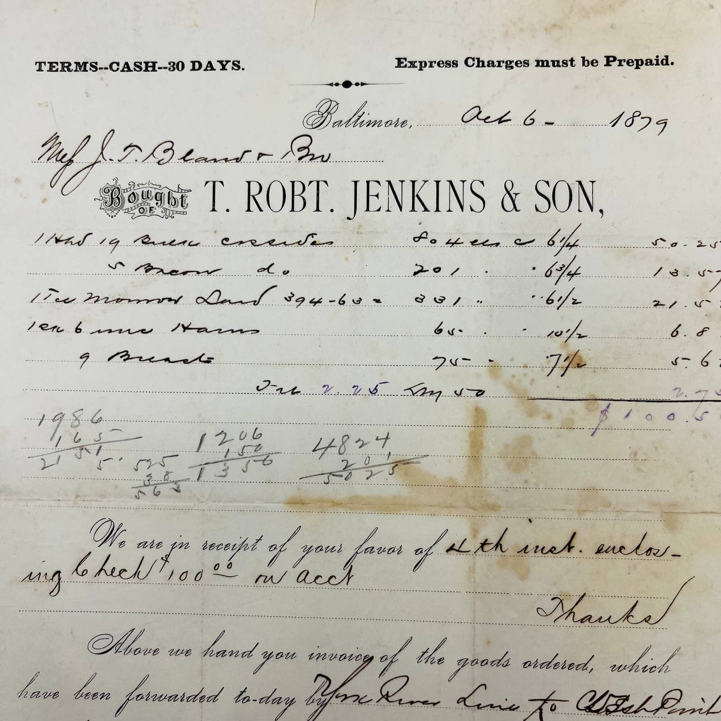 1879 T Robt Jenkins & Son Baltimore MD Billhead Letterhead Receipt AA4