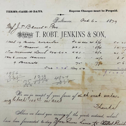 1879 T Robt Jenkins & Son Baltimore MD Billhead Letterhead Receipt AA4