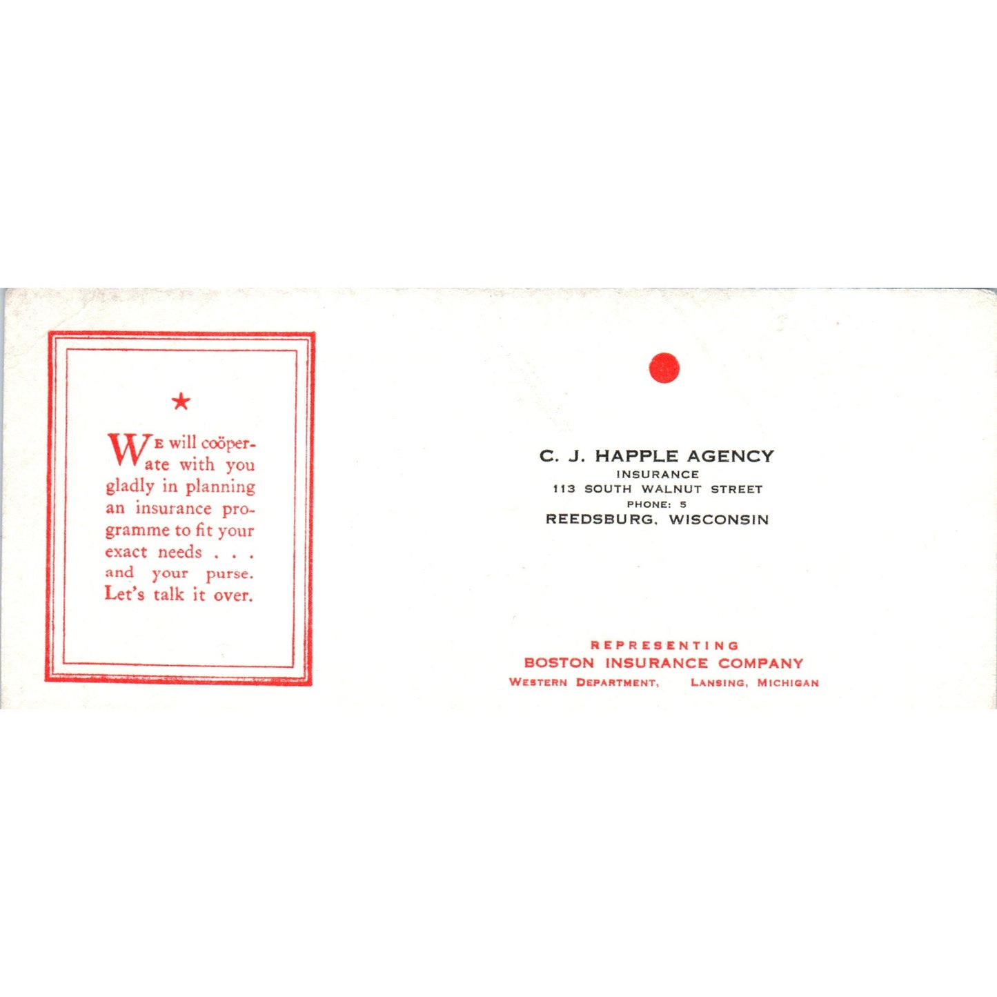 Vintage Blotter Card - C.J. Happle Agency Reedsburg WI TH2-SF2